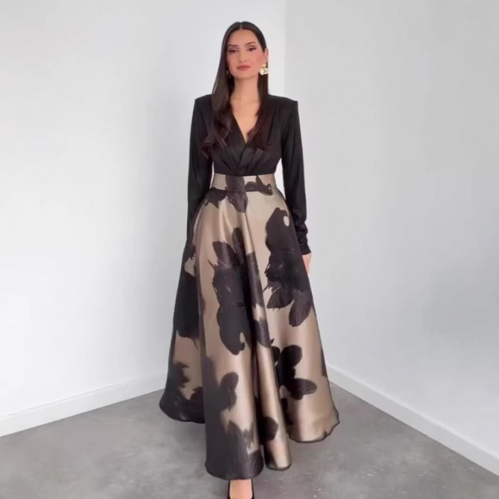 Womens Vneck Long Sleeve Dress 2026 Spring Waist Cinching  Temperament Big Swing Fit