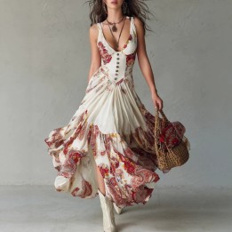 Vintage Floral Paisley Printed Long Dress Women Deep V Cami Strap Boned Slim Fit Ruff