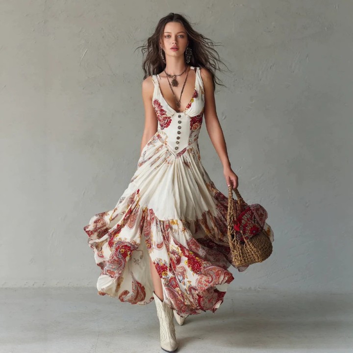 Vintage Floral Paisley Printed Long Dress Women Deep V Cami Strap Boned Slim Fit Ruff