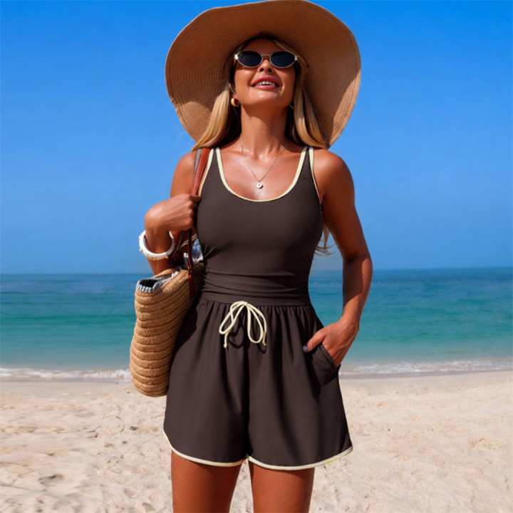 Women One Piece Swimsuit Summer Swimming Jumpsuit Vest Shorts Solid Classical Color F