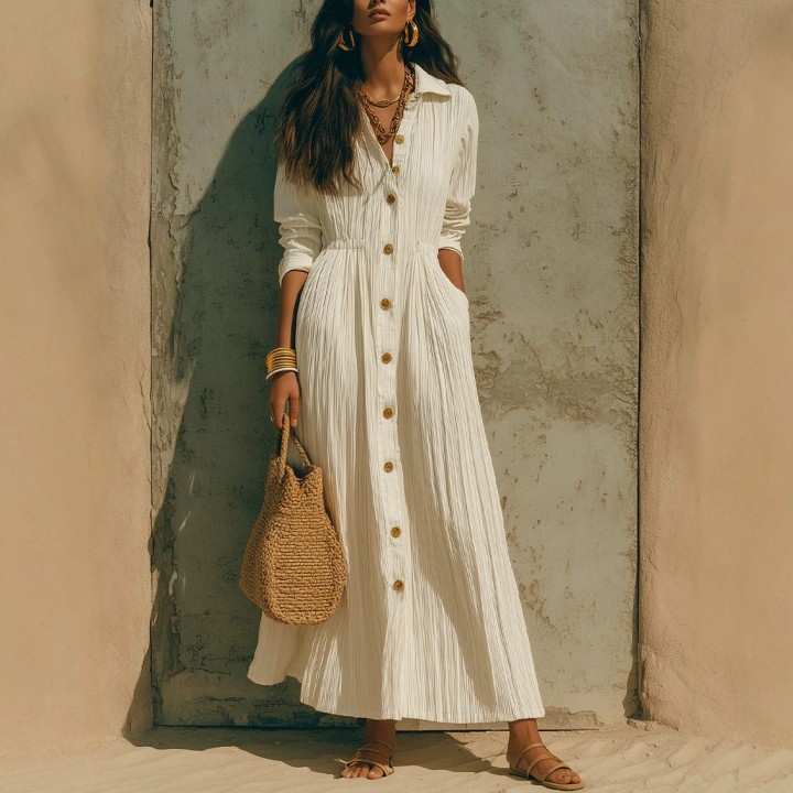 Women Crinkle Solid Maxi Dress Lapel Collar Button Cardigan Long Sleeve Pocket Flowy 