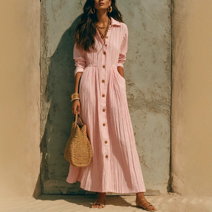 Women Crinkle Solid Maxi Dress Lapel Collar Button Cardigan Long Sleeve Pocket Flowy 