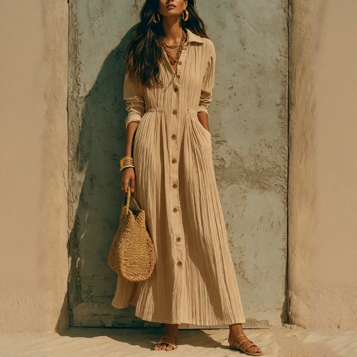 Women Crinkle Solid Maxi Dress Lapel Collar Button Cardigan Long Sleeve Pocket Flowy 