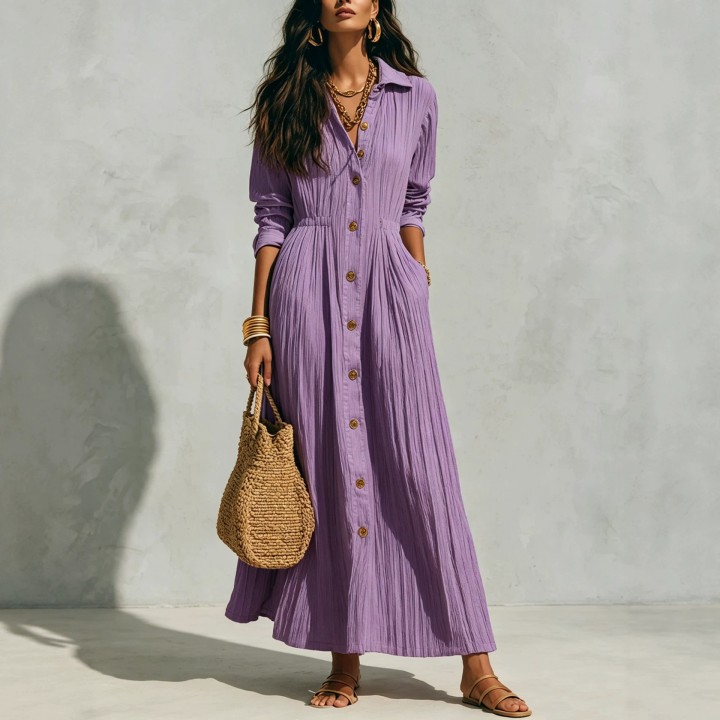 Women Crinkle Solid Maxi Dress Lapel Collar Button Cardigan Long Sleeve Pocket Flowy 