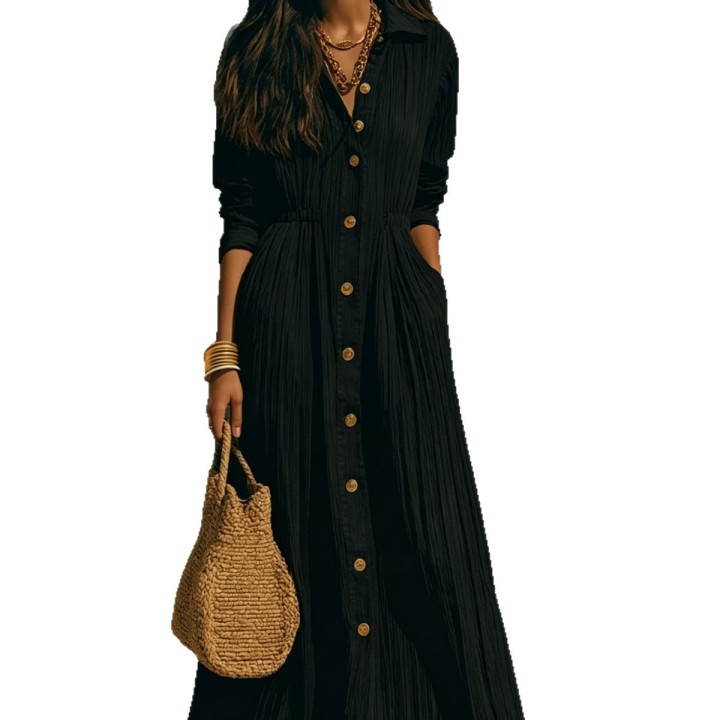 Women Crinkle Solid Maxi Dress Lapel Collar Button Cardigan Long Sleeve Pocket Flowy 
