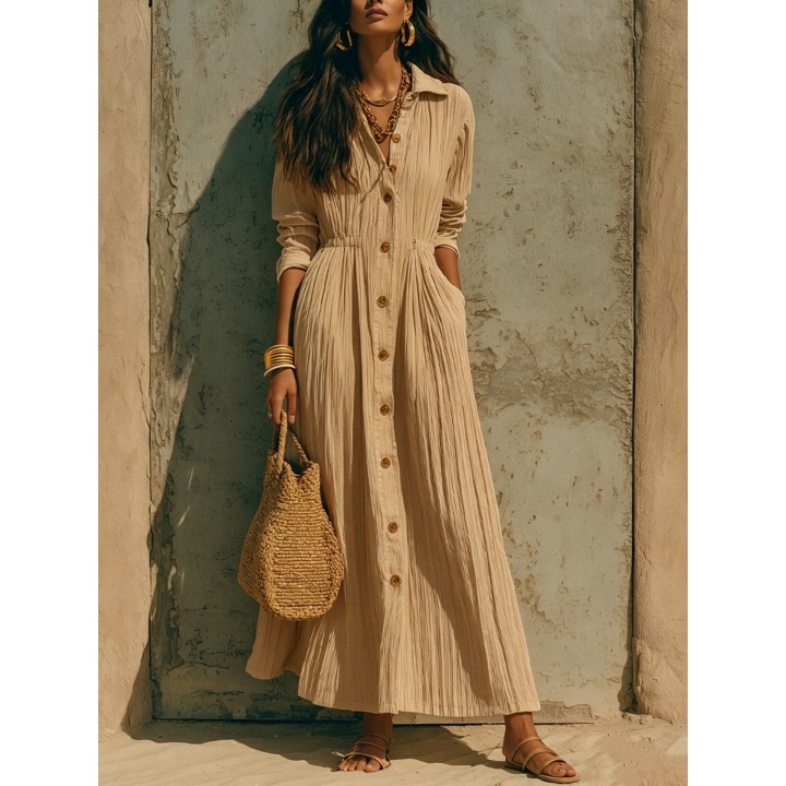 Women Crinkle Solid Maxi Dress Lapel Collar Button Cardigan Long Sleeve Pocket Flowy 