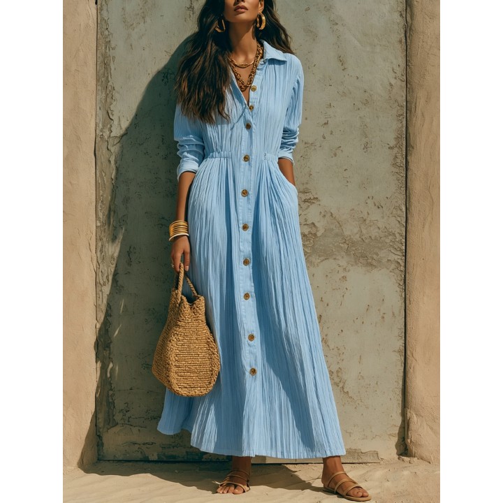 Women Crinkle Solid Maxi Dress Lapel Collar Button Cardigan Long Sleeve Pocket Flowy 