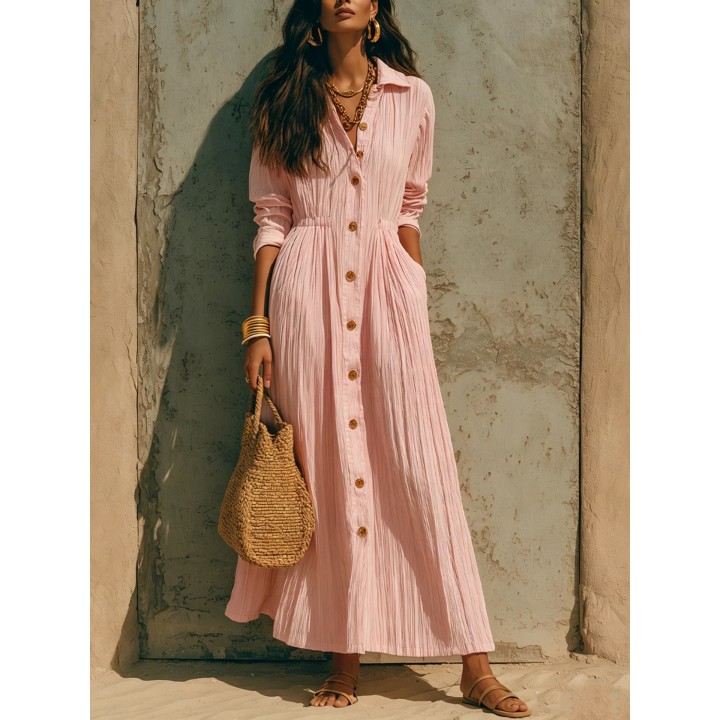 Women Crinkle Solid Maxi Dress Lapel Collar Button Cardigan Long Sleeve Pocket Flowy 