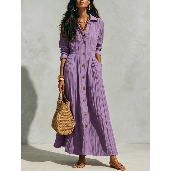 Women Crinkle Solid Maxi Dress Lapel Collar Button Cardigan Long Sleeve Pocket Flowy 