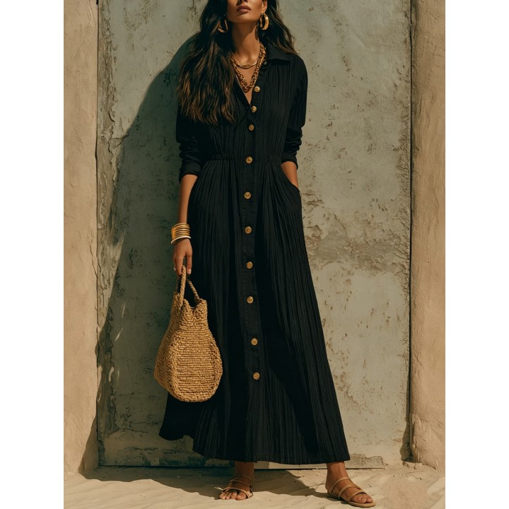 Women Crinkle Solid Maxi Dress Lapel Collar Button Cardigan Long Sleeve Pocket Flowy 