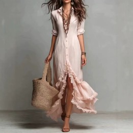 New French Style Cotton Linen Shirt Dress With Ruffle Hem Casual Loose Plus Size Spli