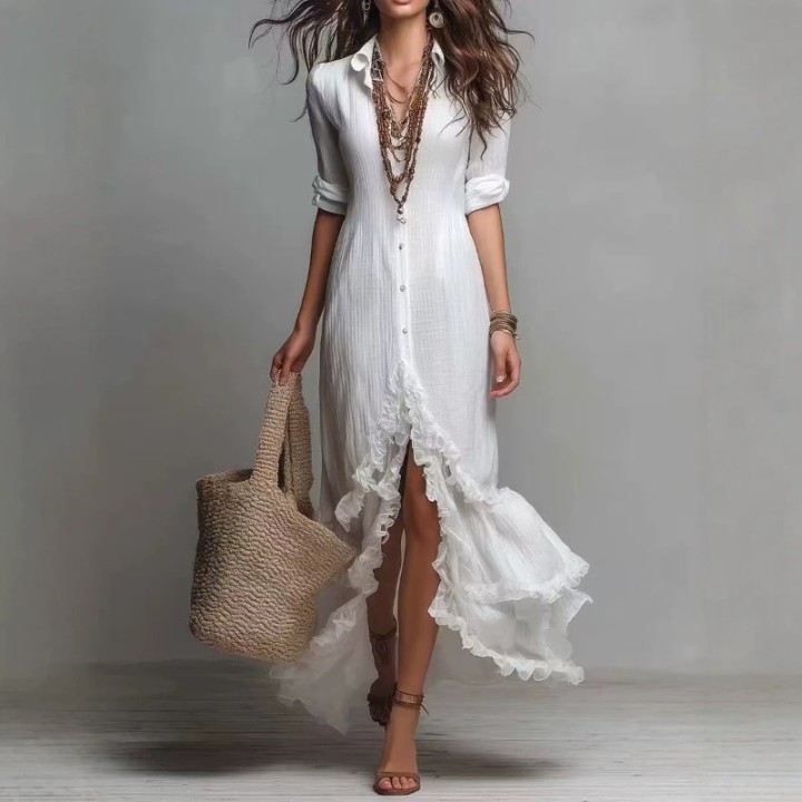 New French Style Cotton Linen Shirt Dress With Ruffle Hem Casual Loose Plus Size Spli