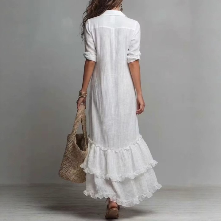 New French Style Cotton Linen Shirt Dress With Ruffle Hem Casual Loose Plus Size Spli