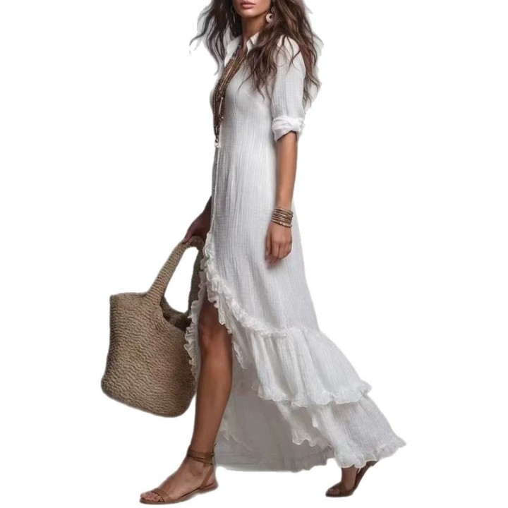 New French Style Cotton Linen Shirt Dress With Ruffle Hem Casual Loose Plus Size Spli