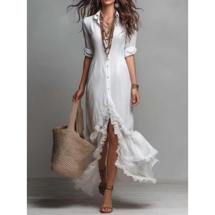 New French Style Cotton Linen Shirt Dress With Ruffle Hem Casual Loose Plus Size Spli