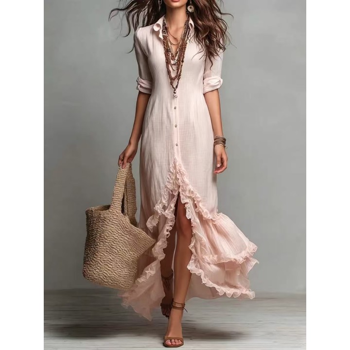 New French Style Cotton Linen Shirt Dress With Ruffle Hem Casual Loose Plus Size Spli