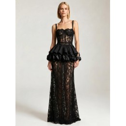  Spaghetti Strap V Neck Lace Patchwork Long Dress Women Black Lace Ruflles Sleeveless