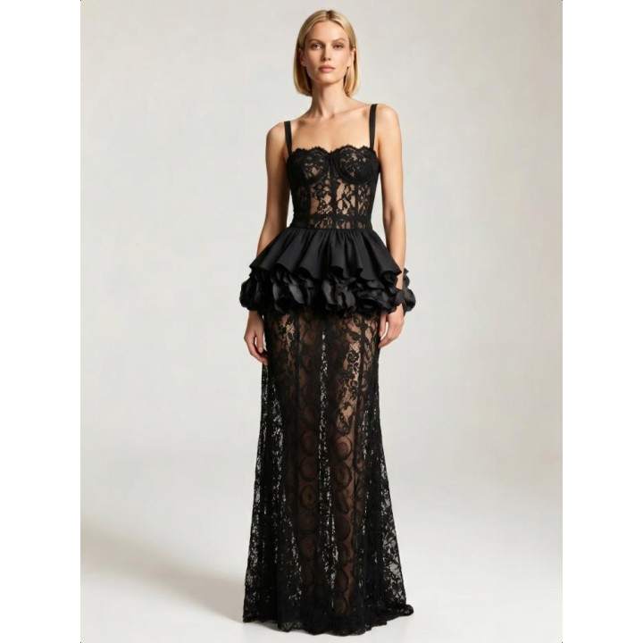  Spaghetti Strap V Neck Lace Patchwork Long Dress Women Black Lace Ruflles Sleeveless
