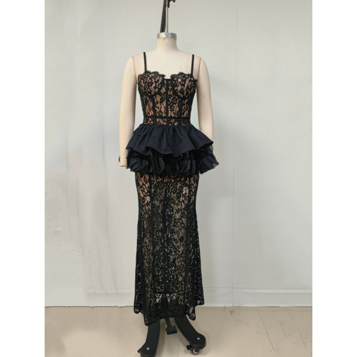  Spaghetti Strap V Neck Lace Patchwork Long Dress Women Black Lace Ruflles Sleeveless