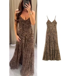 Ladies  Summer Dress Women Vintage Leopard Print Sling Dress Party Suspender Sleevele