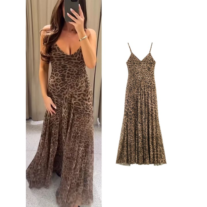 Ladies  Summer Dress Women Vintage Leopard Print Sling Dress Party Suspender Sleevele