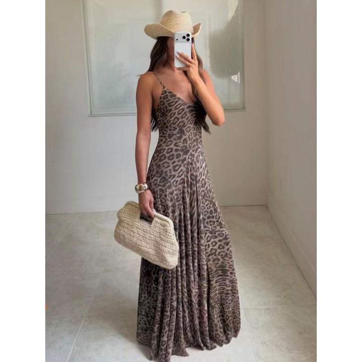 Ladies  Summer Dress Women Vintage Leopard Print Sling Dress Party Suspender Sleevele