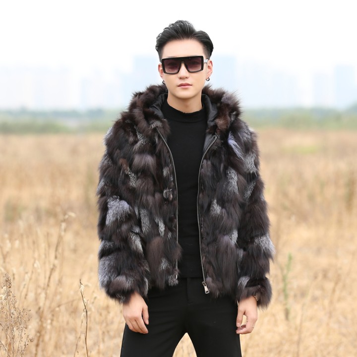 Real Genunie Natural Fox Fur Coat With Hood Mens Fashion Jacket Warm Winter Custom A