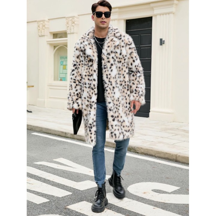 New Mens Long Faux Fur Coat With Overtheknee Leopard Print Thickened And Elegant Fur