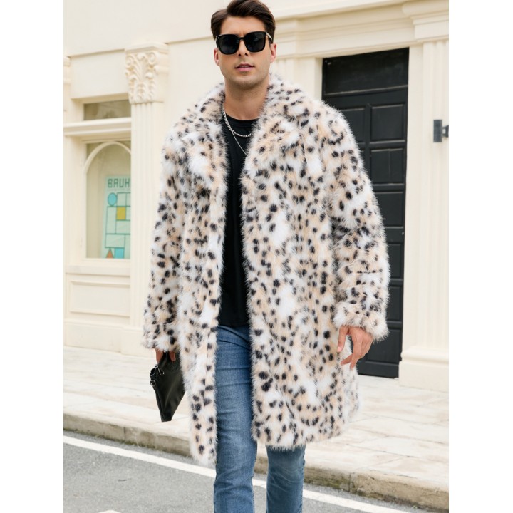 New Mens Long Faux Fur Coat With Overtheknee Leopard Print Thickened And Elegant Fur