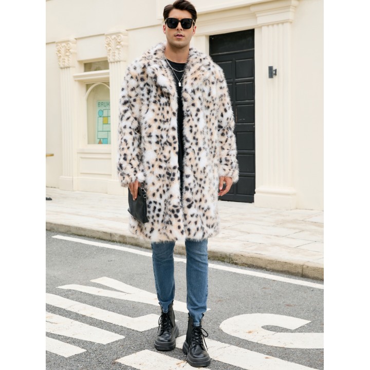 New Mens Long Faux Fur Coat With Overtheknee Leopard Print Thickened And Elegant Fur