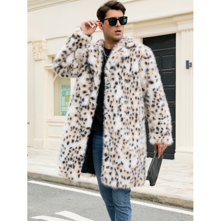 New Mens Long Faux Fur Coat With Overtheknee Leopard Print Thickened And Elegant Fur