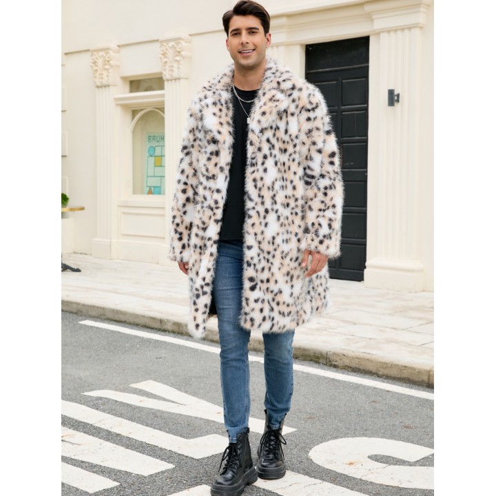 New Mens Long Faux Fur Coat With Overtheknee Leopard Print Thickened And Elegant Fur