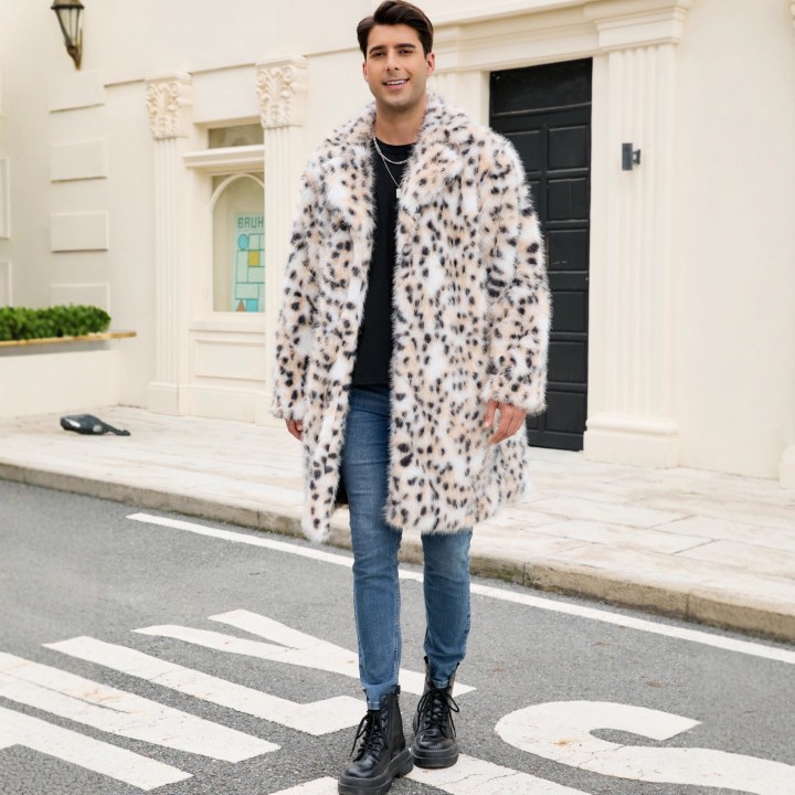 New Mens Long Faux Fur Coat With Overtheknee Leopard Print Thickened And Elegant Fur
