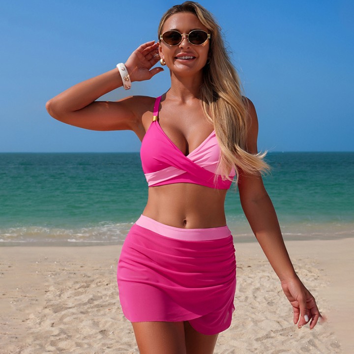 Women Middle Waist Bikini Sets Swim Bra And Shorts With Skirt Adult Patchwork Fashion