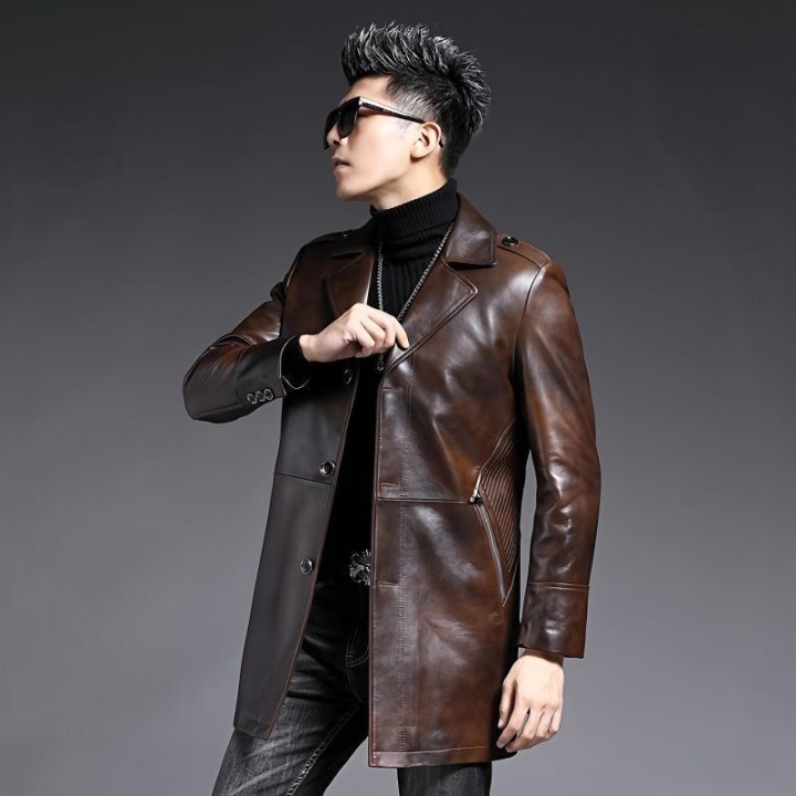 Mens Leather Jacket Slim Stylish Genuine Leather Trench Coat Mens Sheepskin Midleng