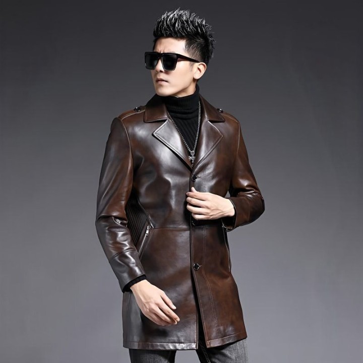 Mens Leather Jacket Slim Stylish Genuine Leather Trench Coat Mens Sheepskin Midleng