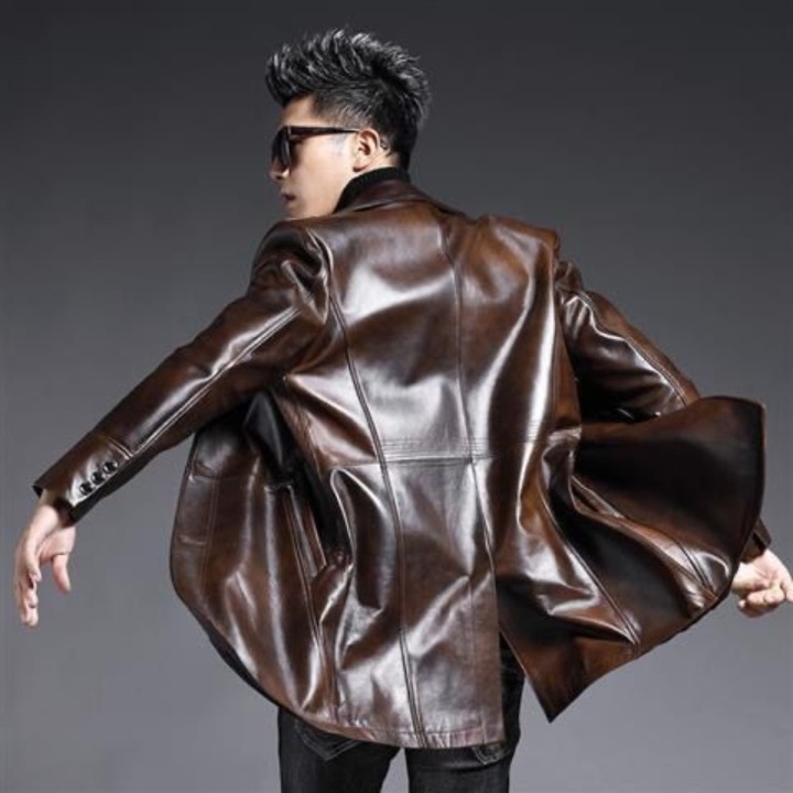 Mens Leather Jacket Slim Stylish Genuine Leather Trench Coat Mens Sheepskin Midleng