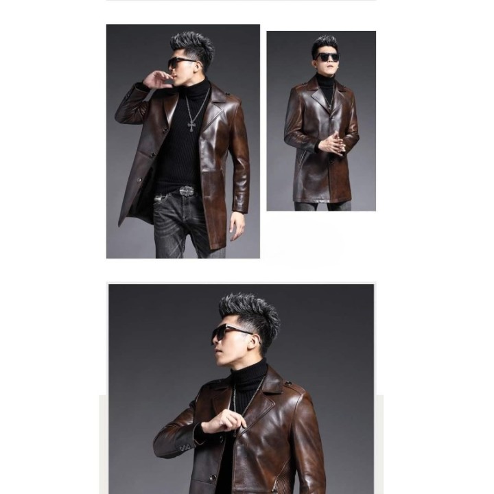 Mens Leather Jacket Slim Stylish Genuine Leather Trench Coat Mens Sheepskin Midleng
