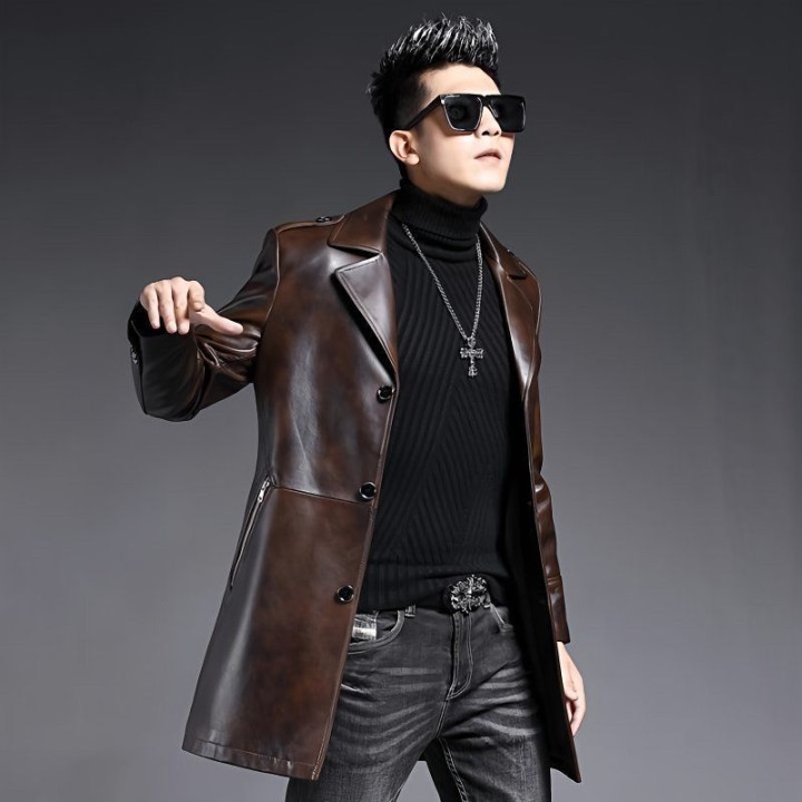 Mens Leather Jacket Slim Stylish Genuine Leather Trench Coat Mens Sheepskin Midleng