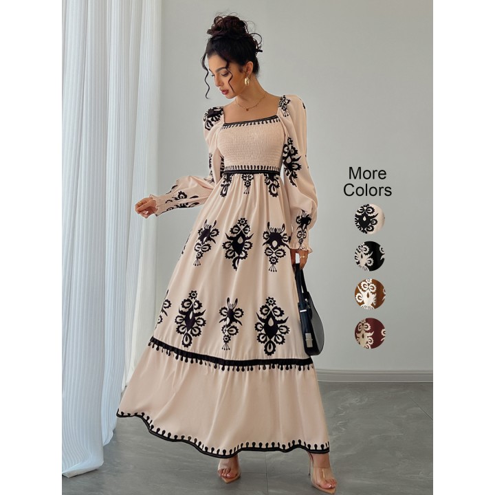 Womens All Over Print Shirred Bishop Sleeve A Line Dress, Long Sleeve Dress For Fall