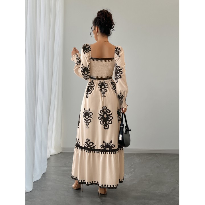 Womens All Over Print Shirred Bishop Sleeve A Line Dress, Long Sleeve Dress For Fall