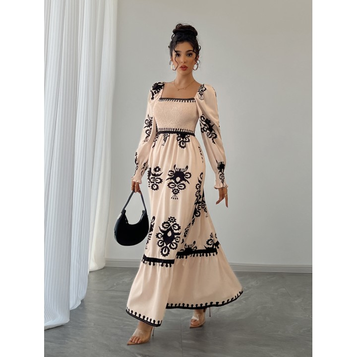 Womens All Over Print Shirred Bishop Sleeve A Line Dress, Long Sleeve Dress For Fall