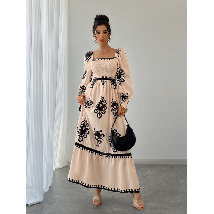 Womens All Over Print Shirred Bishop Sleeve A Line Dress, Long Sleeve Dress For Fall