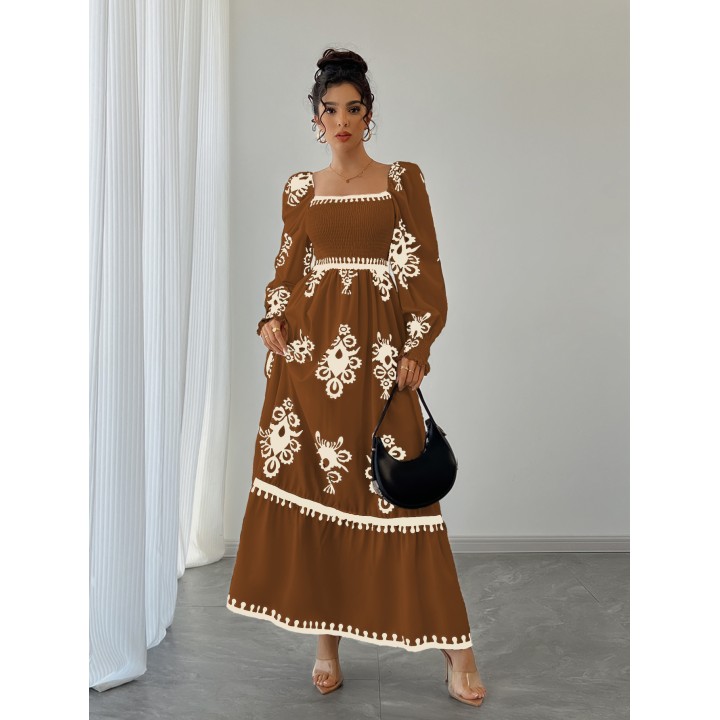 Womens All Over Print Shirred Bishop Sleeve A Line Dress, Long Sleeve Dress For Fall