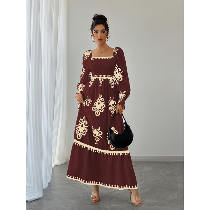 Womens All Over Print Shirred Bishop Sleeve A Line Dress, Long Sleeve Dress For Fall