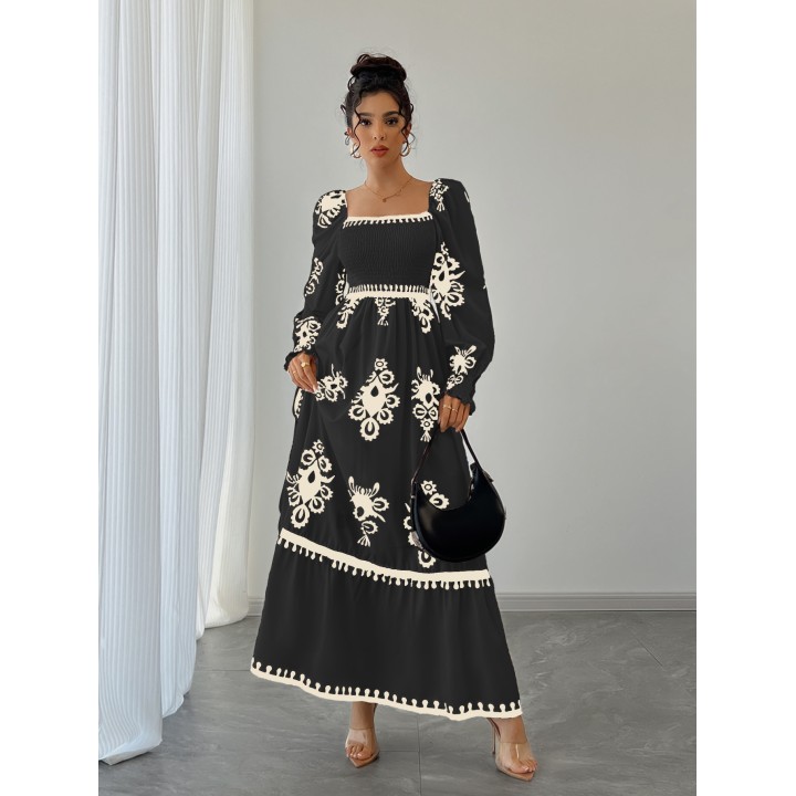 Womens All Over Print Shirred Bishop Sleeve A Line Dress, Long Sleeve Dress For Fall