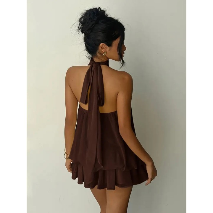 Women Halter Neck Backless Tie Mini Dress Summer Sleeveless Chiffon Ruffle Short Dres