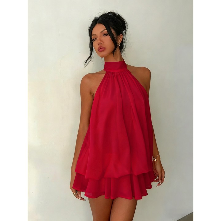 Women Halter Neck Backless Tie Mini Dress Summer Sleeveless Chiffon Ruffle Short Dres