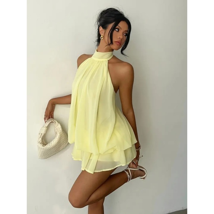 Women Halter Neck Backless Tie Mini Dress Summer Sleeveless Chiffon Ruffle Short Dres