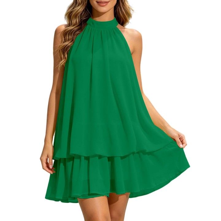 Women Halter Neck Backless Tie Mini Dress Summer Sleeveless Chiffon Ruffle Short Dres
